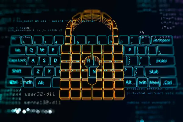 Cyber security and personal data protection concept with digital yellow cubes pad lock with key hole on blue virtual keyboard background. 3D rendering