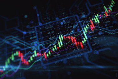 Finansal tabloda şamdan ve dijital Forex piyasa arka planı, yatırım ve borsa konsepti diyagramında büyümeye yönelik perspektif görüşü. 3B görüntüleme