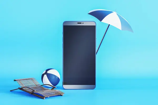 Creative online tour booking concept. Empty mock up smartphone screen with beach umbrella, ball and chaise-lounge, airplanes and tickets on blue background. 3D Rendering