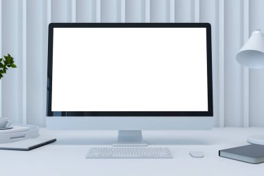 Boş beyaz modern bilgisayar monitöründe logonuz ya da ışık gölgesi arkaplanındaki metin için ön görünüm. 3B görüntüleme, modelleme
