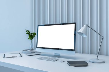 Boş beyaz modern bilgisayar ekranına perspektif bakış açısı beyaz çalışma alanı masasında logonuz için yer var. Lamba, not defteri ve yeşil bitkiyle kaplı. 3B görüntüleme, düzenle