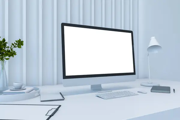 Perspective view on blank white modern computer screen with place for your logo or text on white work table with stylish lamp, notebook and green plant on slatted wall background. 3D rendering, mockup