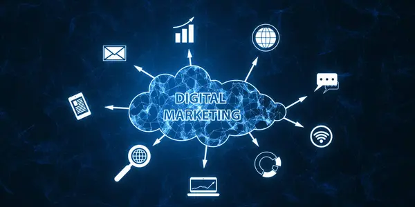 Creative blue polygonal cloud digital marketing hologram with icons on blurry background. Strategy and business concept. 3D Rendering