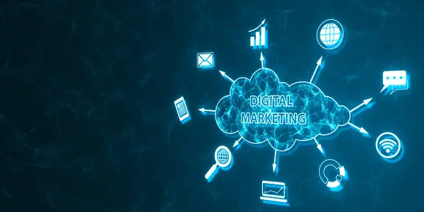 Creative blue polygonal cloud digital marketing hologram with icons on blurry background with mock up place. Strategy and business concept. 3D Rendering