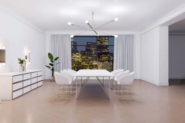 A modern dining room interior at night with cityscape view, elegant furniture, and contemporary light fixtures, concept of luxury urban living. 3D Rendering