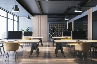 Modern ahşap ve beton ofis içi panoramik pencere ve şehir manzaralı. İş yeri konsepti. 3B Hazırlama