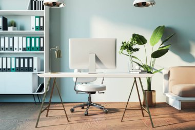 Masasında bilgisayar, sandalye, klasörlü raf, ev bitkileri ve doğal ışık penceresi olan rahat bir koltuğu olan modern ofis içi. 3B Hazırlama