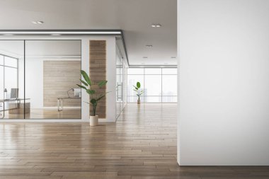 Modern ofis içi koridor manzaralı, cam bölümler, ve boş duvar alanı, kurumsal tasarım kavramı. 3B Hazırlama