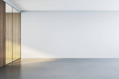 Modern ofis içi cam bölmeli ve ahşap duvarlı, model ve markalaşma için boş alan, beyaz ve ahşap. 3B Hazırlama