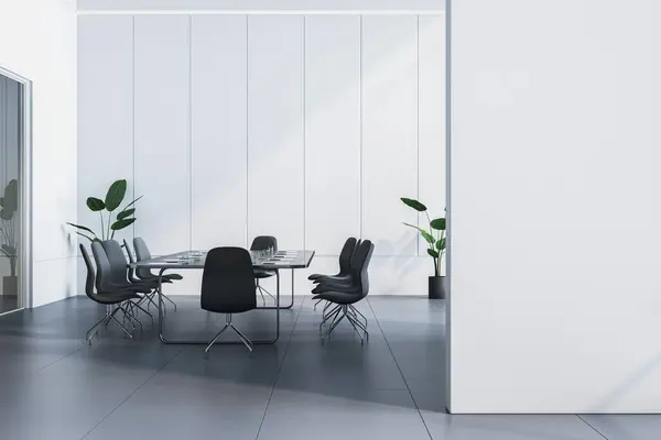 Modern conference room with empty poster, a table, chairs, and plants on a clean background, concept of a professional meeting space. 3D Rendering