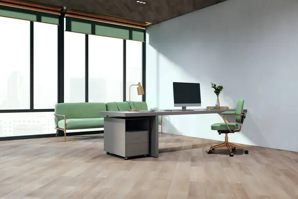 Semplice Interni Legno Cemento Home Office Con Finestre Panoramiche Posto Foto Stock Royalty Free