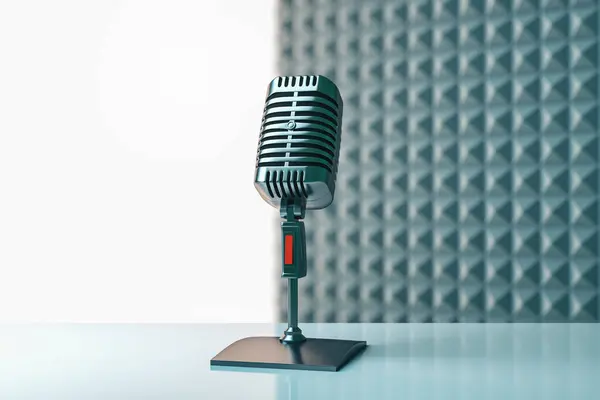Abstraktní Obraz Mikrofonem Maketou Šedém Pozadí Podcast Reklama Hlasová Koncepce — Stock fotografie