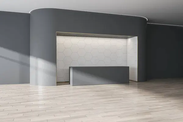 Perspective view on stylish blank front desk with space for your logo on light wall polygonal print background in spacious sunlit empty hall area with grey walls and wooden floor. 3D rendering, mockup