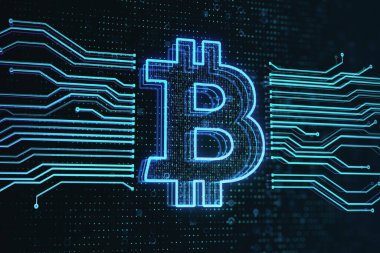 Kripto para birimi, dijital para transferi ve yatırım konsepti soyut karanlık teknolojik arka planda bilgisayar mikrodevre kabloları arasında mavi parlayan grafik bitcoin sembolü. 3B görüntüleme