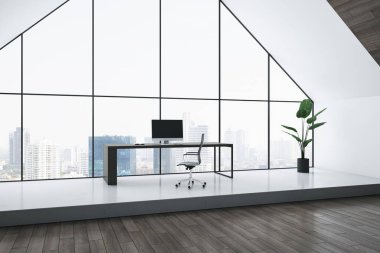 Modern iş yeri karanlık masa üzerinde modern bilgisayar ve yeşil bitki aydınlık podyum ahşap zemin ve panoramik pencereden şehrin ufuk çizgisi arka planı ile geniş ofis. 3B görüntüleme