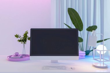 Boş bilgisayar monitörü, dekoratif bitki ve diğer nesnelerin olduğu yaratıcı bir ofis masası. Modifiye et, 3B Hazırlama