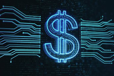Karanlık teknolojik arka planda devre çizgilerinin ortasında dijital mavi dolar işareti olan uluslararası para ve para değişimi kavramı. 3B görüntüleme