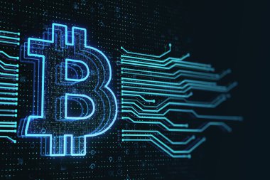 Kripto para birimi, iş teknolojileri ve karanlık arka planda devre çizgilerinin ortasında dijital mavi bitcoin ikonu olan yatırım konsepti. 3B görüntüleme