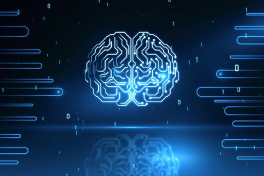 Bulanık arkaplanda kodlama ile parlayan devre insan beyin hologramı. Yapay zeka, nöroloji, teknoloji ve gelecek konsepti. 3B Hazırlama