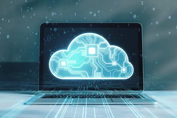 Close up of laptop with hologram. Glowing cloud hologram. Cloud computing technology internet on converging point of circuit and abstract blue background. Cloud Service, Cloud Storage Concept. 3D Rendering