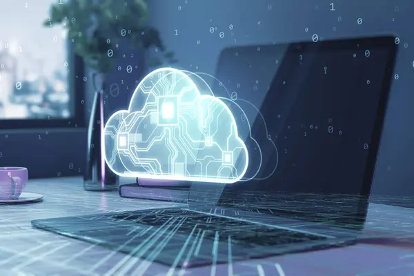 Close up of laptop computer with hologram. Glowing cloud hologram. Cloud computing technology internet on converging point of circuit and abstract blue background. Cloud Service, Cloud Storage Concept. 3D Rendering