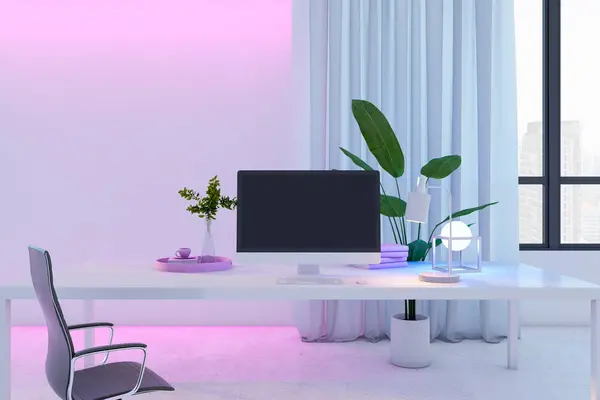 Close up of empty computer on designer desktop in office interior with curtains, furniture, decorative plant and window with city view. Mock up, 3D Rendering