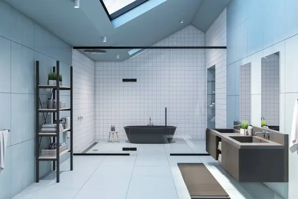 Mavi Gözlüklü Geniş Banyolu Cam Bölmenin Arkasında Siyah Modern Banyo — Stok fotoğraf