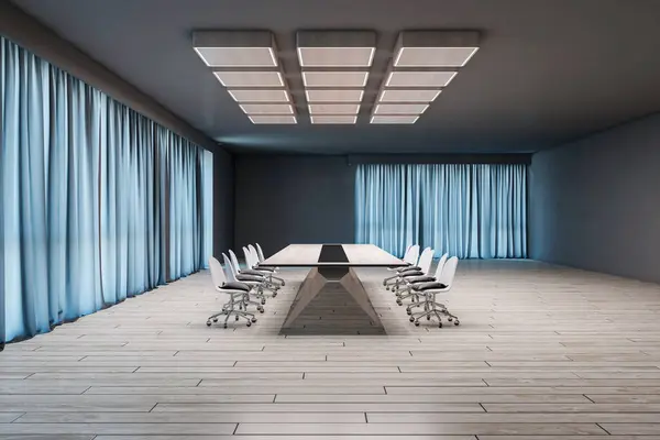 Moderner Konferenzraum Mit Möbeln Holzböden Und Blauen Vorhängen Sitzungssaal Konzept lizenzfreie Stockfotos