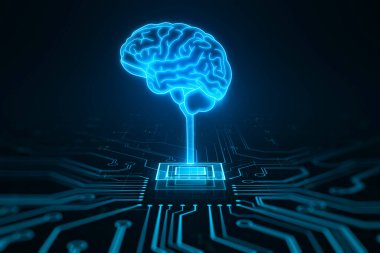 Devre kartlı yapay zeka beyninin gelecekteki tasarımı. Öğrenme süreci ve problem çözme konsepti. Soyut dijital teknoloji geçmişi. 3B Hazırlama