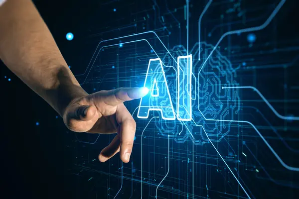 ホログラムを指す男性の手の近くに 回路基板を搭載した人工知能放送脳の未来設計 学習プロセスと問題解決の概念 抽象的なデジタル技術グリッドの背景 3Dレンダリング ロイヤリティフリーのストック画像