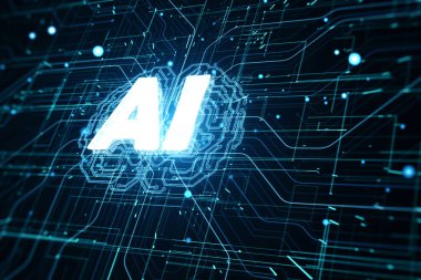 Futuristic design of artificial Intelligence ai brain with circuit board. Learning process and problem solving concept. Abstract digital technology grid backdrop. 3D Rendering clipart