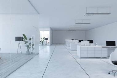 Mobilyalarla birlikte çalışan parlak minimalist iç mekan. 3B Hazırlama