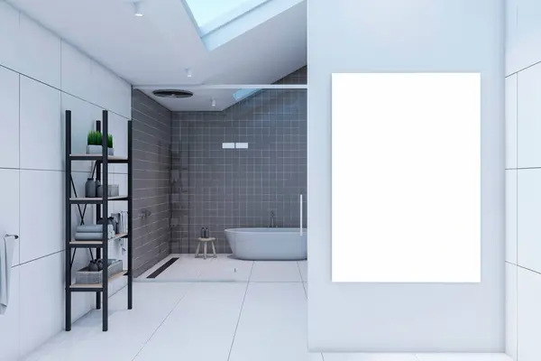 Modern Banyodaki Açık Arkaplanda Beyaz Bir Afiş Gri Işık Kareli — Stok fotoğraf