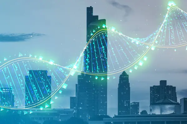 Doppelbelichtung Abstrakter Dna Hologramme Auf Wolkenkratzern Der Stadt Biotechnologie Und Stockfoto