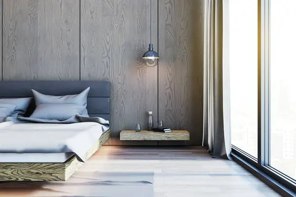 Стильна Спальня Синіми Акцентами Підлогою Вікна Стелі Сучасний Дизайн Міським — стокове фото