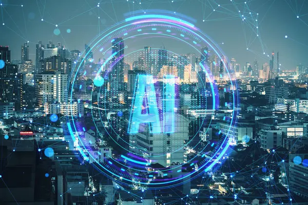 Holograma Azul Brilhante Criativo Fundo Turvo Cidade Inteligência Artificial Tecnologia — Fotografia de Stock