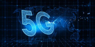 Kablosuz ağ ve yüksek hızlı internet bağlantısı kavramı soyut karanlık teknolojik arka planda 5g simge ve dijital dünya haritasına perspektif görüşü ile. 3B görüntüleme