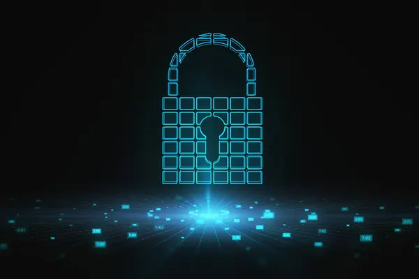 Big data and personal information security technology concept with digital closed padlock with keyhole on abstract dark background above big data visualization. 3D rendering