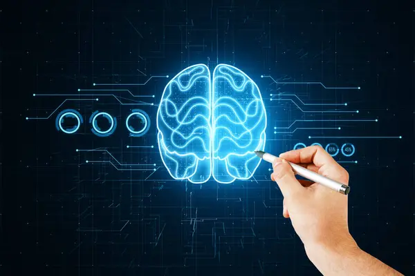 stock image Close up of man hand with pen pointing at or selecting glowing brain hologram on blurry dark circuit background. Artificial intelligence and machine learning concept