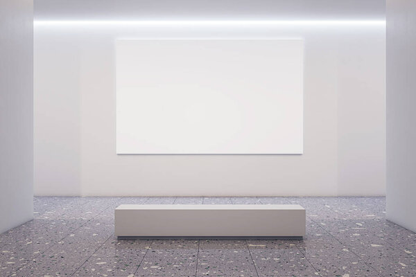 Front view on blank white poster with place for your logo or text on light wall background in spacious abstract gallery hall with stone bench on concrete floor. 3D rendering, mock up