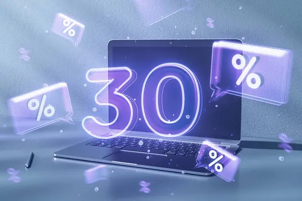 紫色の30 の販売ホログラムが付いているラップトップの閉鎖 オンラインショッピングとマネーコンセプト ダブルエクスポージャー ストックフォト