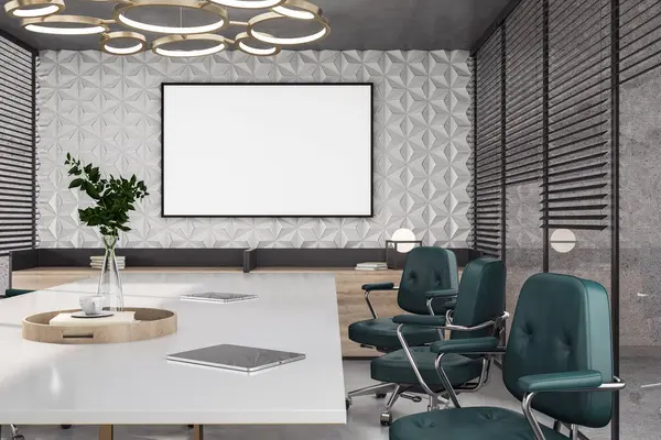 デジタルタブレット付きのライトミーティングテーブル近くのグリーンホイールチェア付きの会議室で ロゴやテキストのためのスペースを持つ黒いフレームの白いポスター 3Dレンダリング — ストック写真