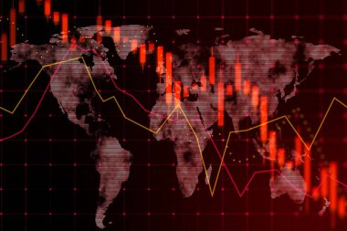 Küresel ekonomi krizi ve borsa çöküşü konsepti. Dijital kırmızı finans tablosunun düşüşü ve dünya haritası olan karanlık arka planda grafikler. 3B görüntüleme