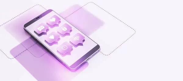 スクリーンのコミュニケーションアイコンが付いている創造的な紫色の携帯電話 ソーシャルメディアとネットワークコンセプト 3Dレンダリング ストック写真