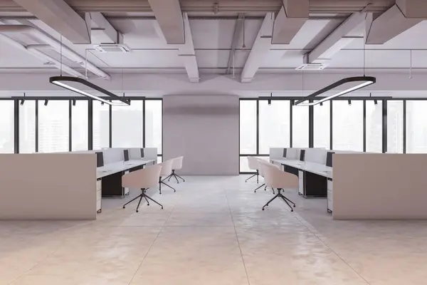 Hedendaagse Beton Coworking Office Interieur Met Raam Uitzicht Stad Meubels Stockfoto
