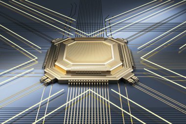 Creative empty golden chip on metal wallpaper with lines. Mock up place. Technology and motherboard, computer and hardware concept. 3D Rendering clipart