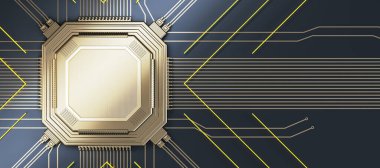 Abstract blank golden chip on metal wallpaper with lines. Mock up place. Technology and motherboard, computer and hardware concept. 3D Rendering clipart