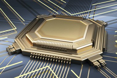 Creative empty golden chip on metal background with lines. Mock up place. Technology and motherboard, computer and hardware concept. 3D Rendering clipart