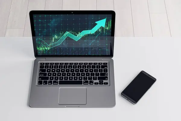 Close up and top view of laptop and mobile phone on office desktop with growing green candlestick arrow. Financial growth, market and trade concept. 3D Rendering
