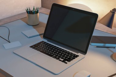Boş laptop ekranı ve malzemeleri olan parlak tasarımcı masaüstünü kapat. Model yap, 3 boyutlu canlandırma. İş yeri tasarım kavramı